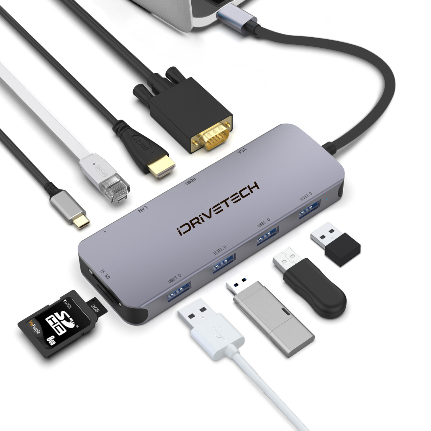USB C Hub Multiport Adapter - iDriveTech 10 in 1. 4x USB Ports, HDMI and VGA