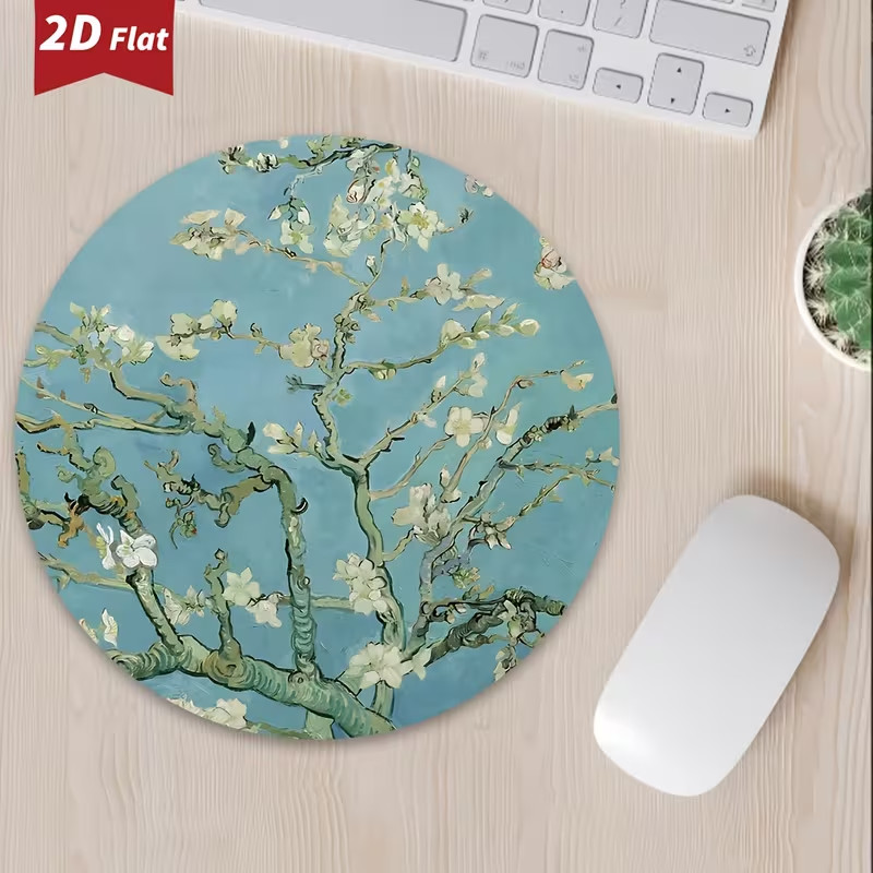 Van Gogh Almond Blossom Round Mouse Pad Non-slip Rubber Base