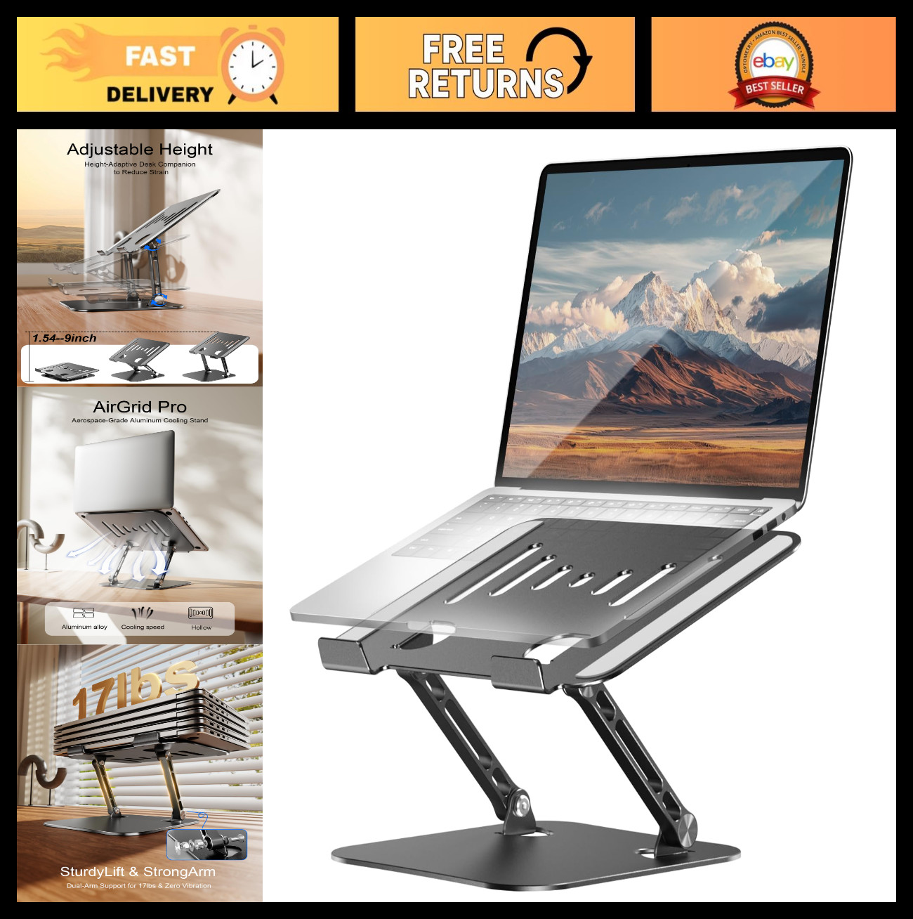 Adjustable Aluminum Laptop Stand | Portable Foldable Riser for 10-17" Laptops