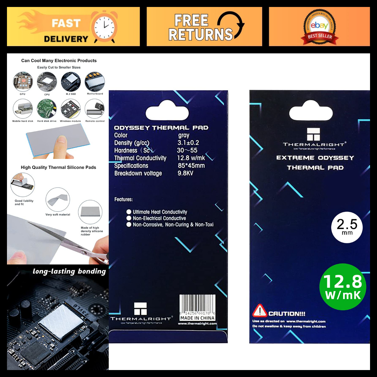 High-Performance Thermal Pad 12.8 W/mK Non-Conductive 85x45x2.5mm for Cooling