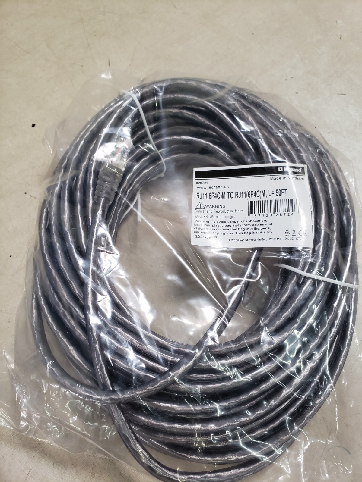 Legrand #28724 50FT Grey RJ11 Data Transfer Cable