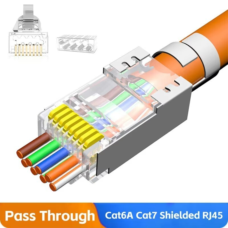 50PCS Cat6A Cat7 Pass Through Shielded RJ45 connector 8P8C Gold Plated Data Plug