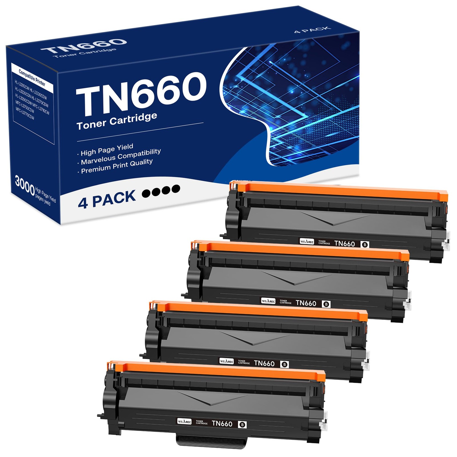WEAREC Compatible Toner Cartridge for Brother TN660 High Yield Black 4 Pack