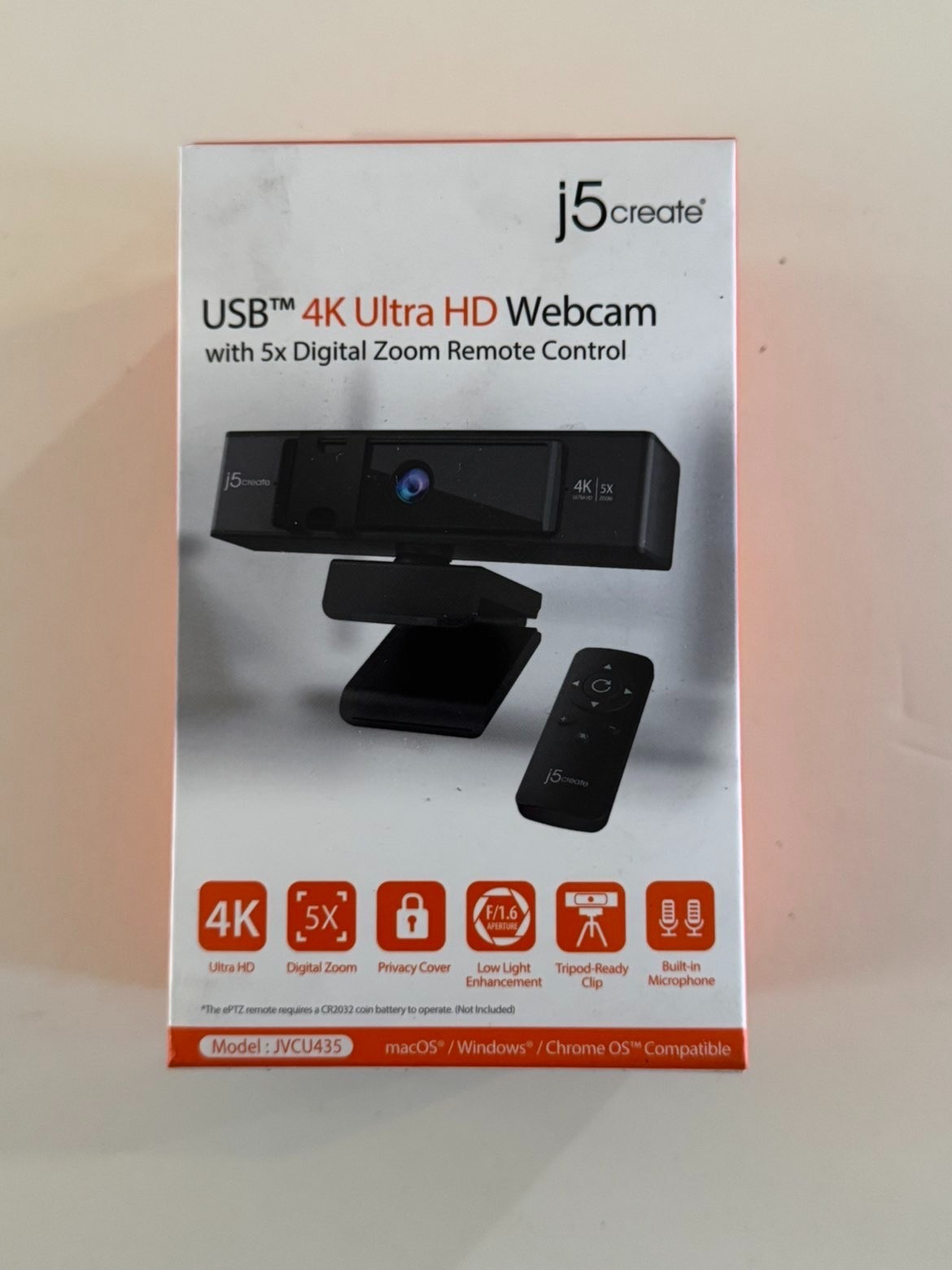 j5create - USB 2160 (4K) Webcam with 5x Digital Zoom Remote Control - Black