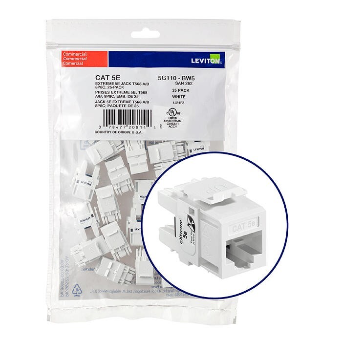 Leviton 5G110-BW5 Extreme Catogary 5e UTP Quickport Jack White 25-pack