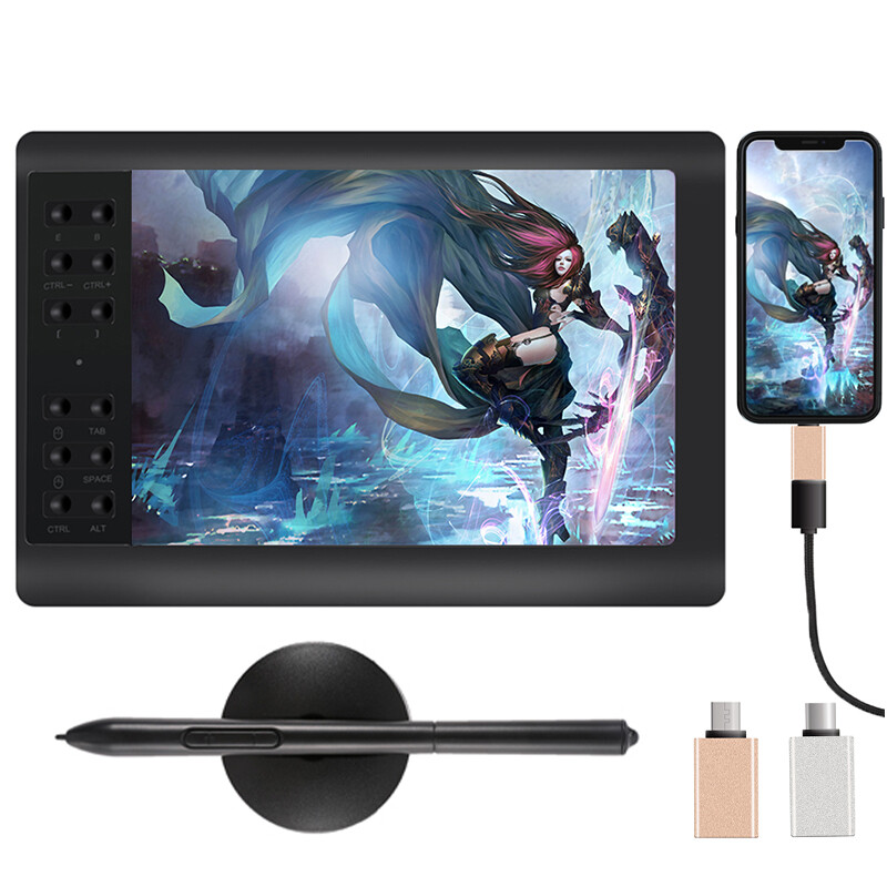 Pro Graphics Drawing Tablet Pen Display, Graphics tablet 10x6 Inch 12 Smart Keys