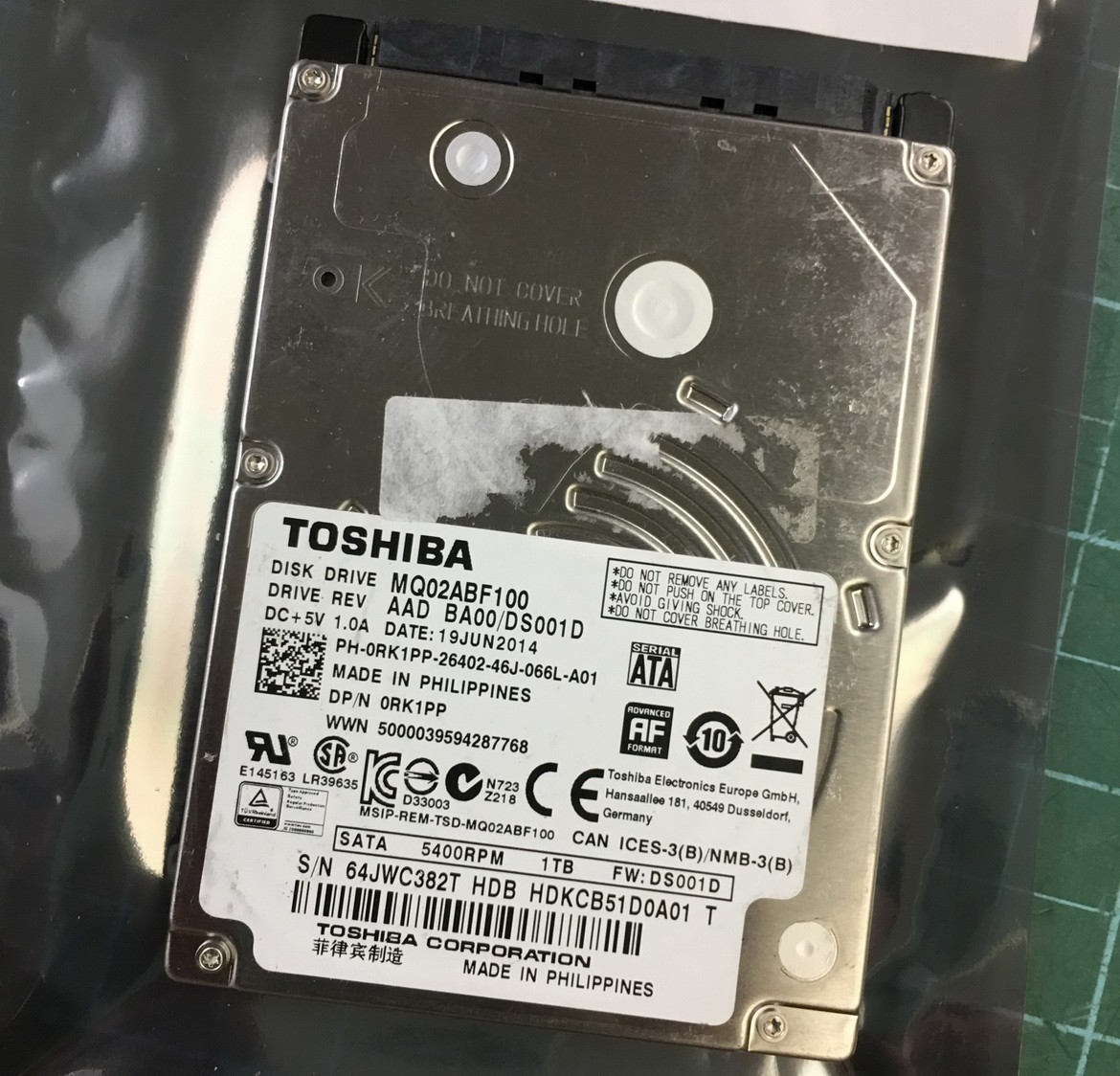 TOSHIBA 1Tb 2.5" HARD DRIVE MQ02ABF100 AAD BA00/DS001D 6.0Gb/s RK1PP 5400rpm