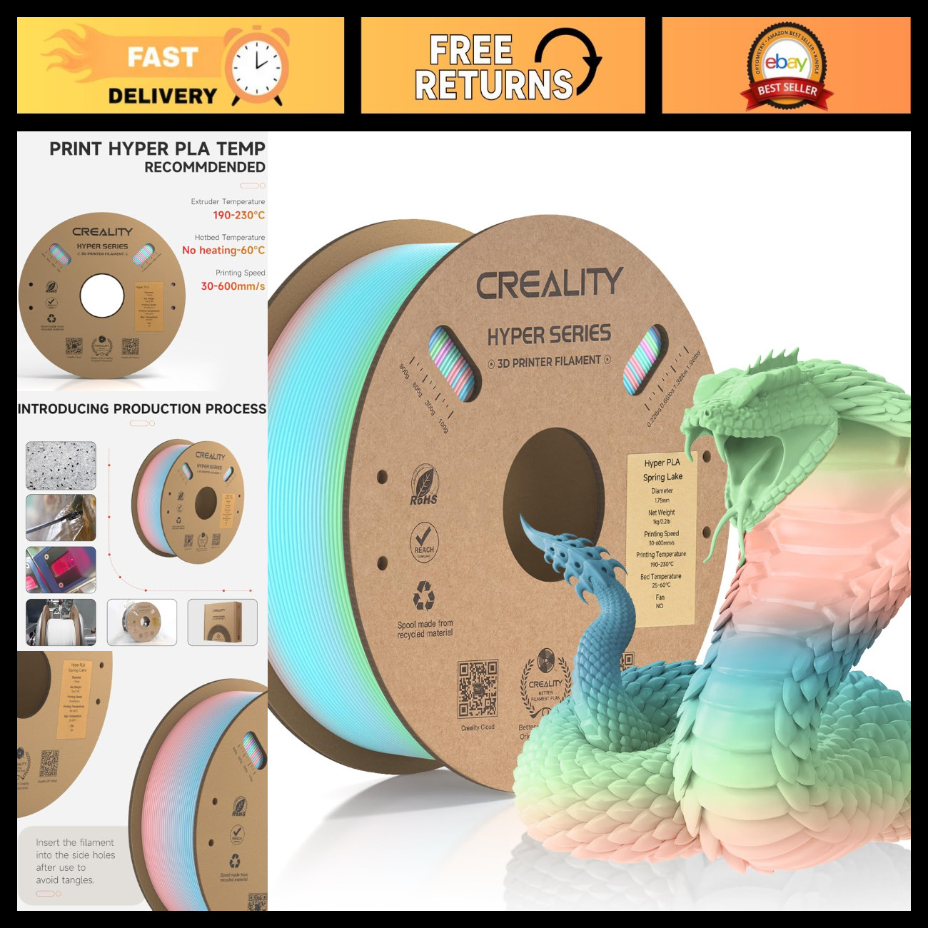 High-Speed Hyper PLA 3D Printer Filament, Dimensional Accuracy +/-0.02mm, 2.2lbs