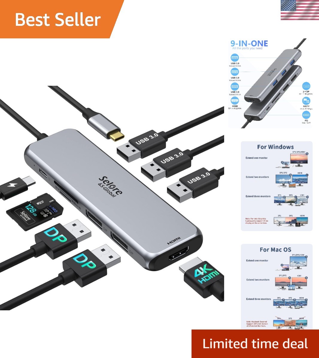 Fast-Charging 9-in-1 USB C Hub with Triple Monitor Support - Sleek Silver Design