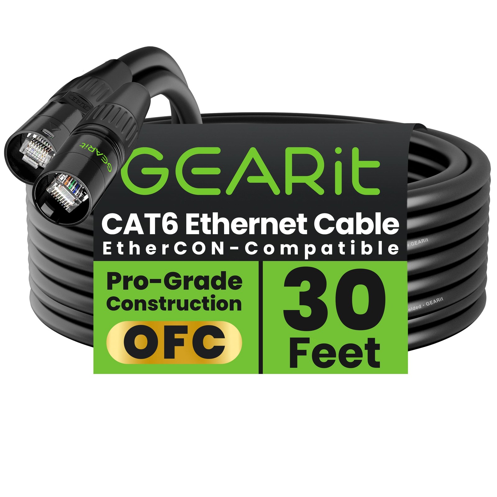 Shielded CAT6 Ethercon Cable 30ft Black RJ45 EtherCONCompatible for Audio Stage