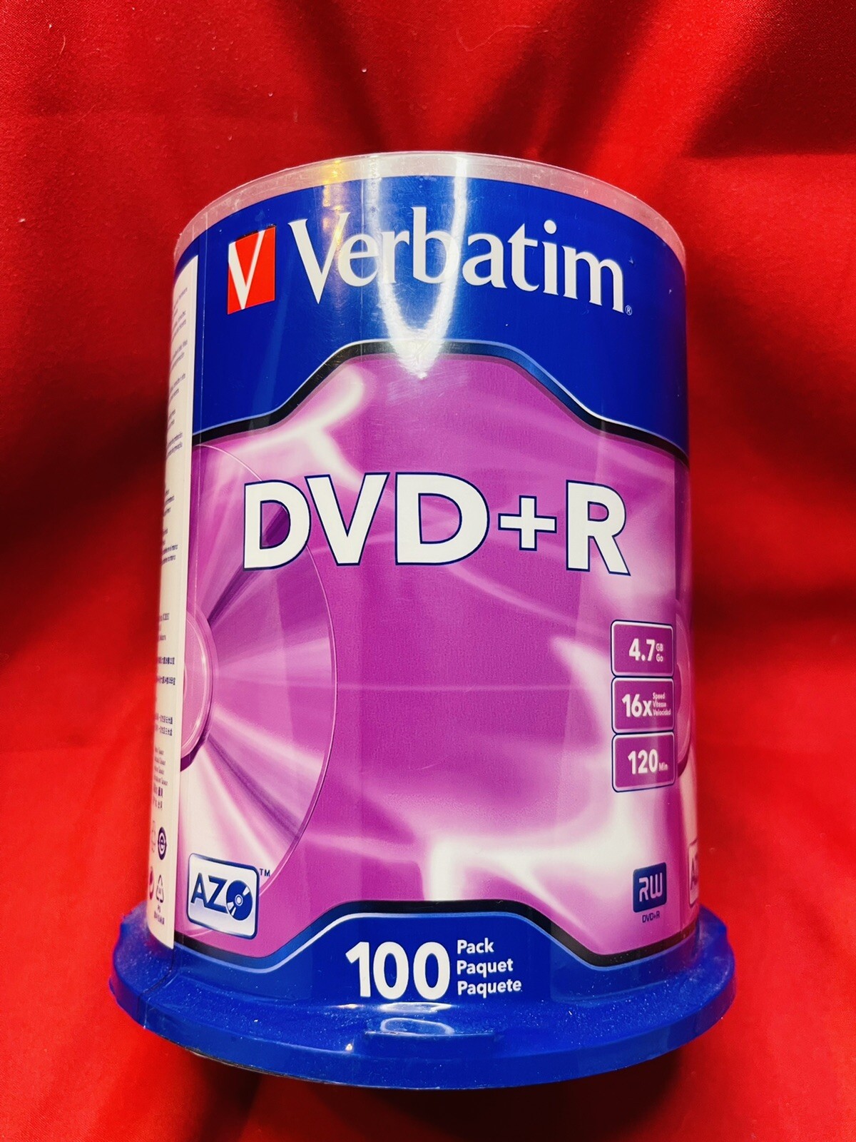 100 VERBATIM AZO Blank DVD+R Plus R 16X Branded Disc 4.7GB Spindle 95098 NEW