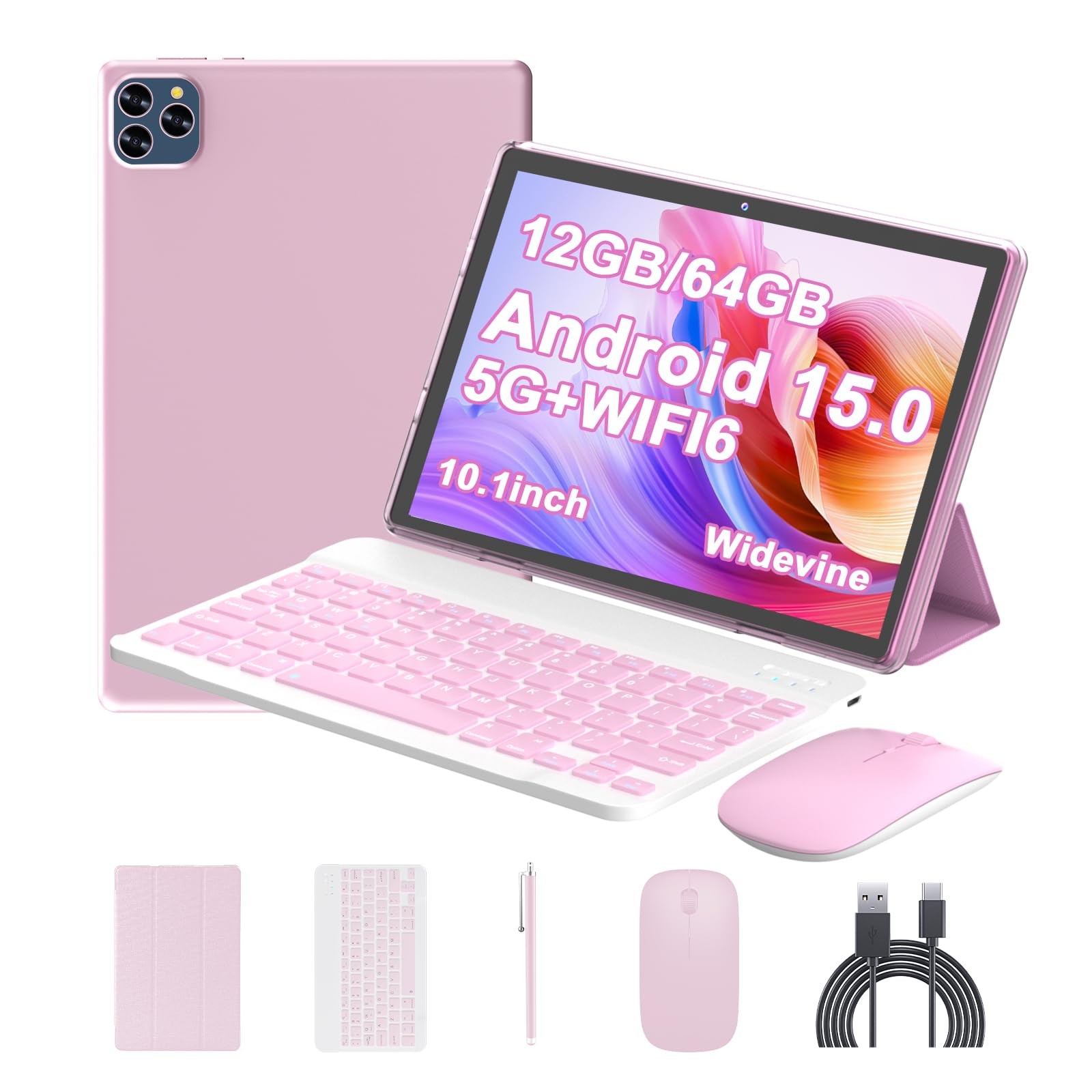 Android 15 Tablet 10 Inch, 12(3+9) GB RAM+64GB ROM, 2 in 1 Tablets with Keybo...
