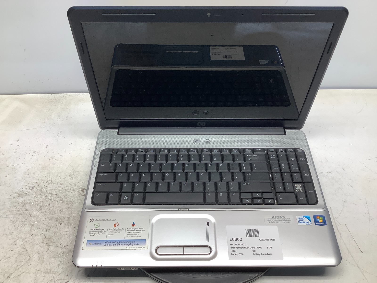 HP G60-535DX Intel Pentium Dual-Core T4300 2.1GHz 3 GB NO HDD