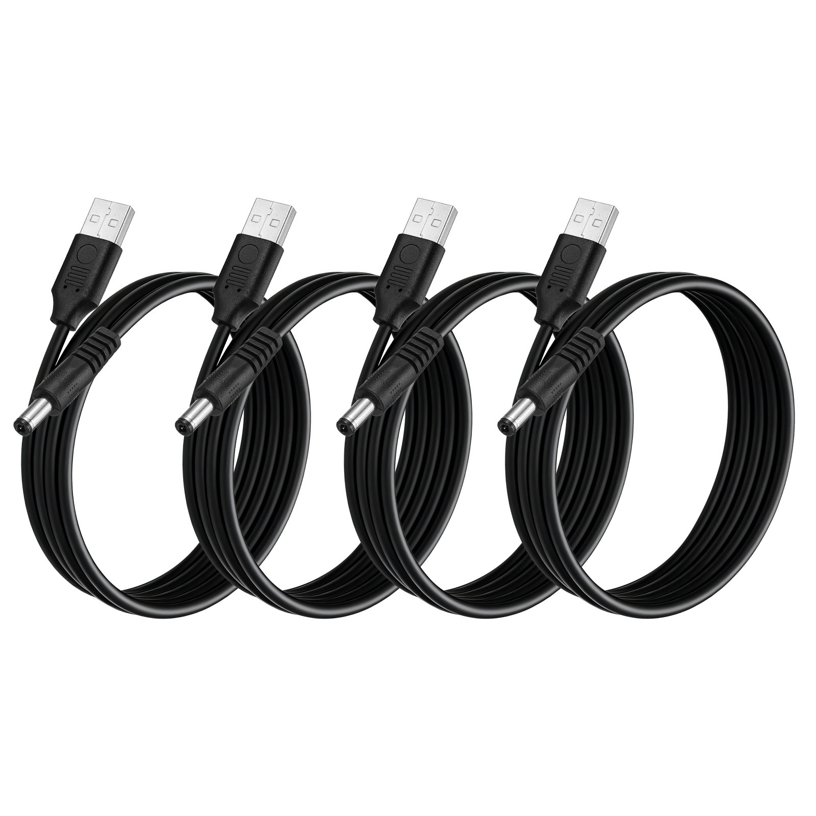 4Pcs USB to DC Power Cable 5.5x2.5mm, 5V 3A for LED Lights, 0.5 M/2Ft, Black