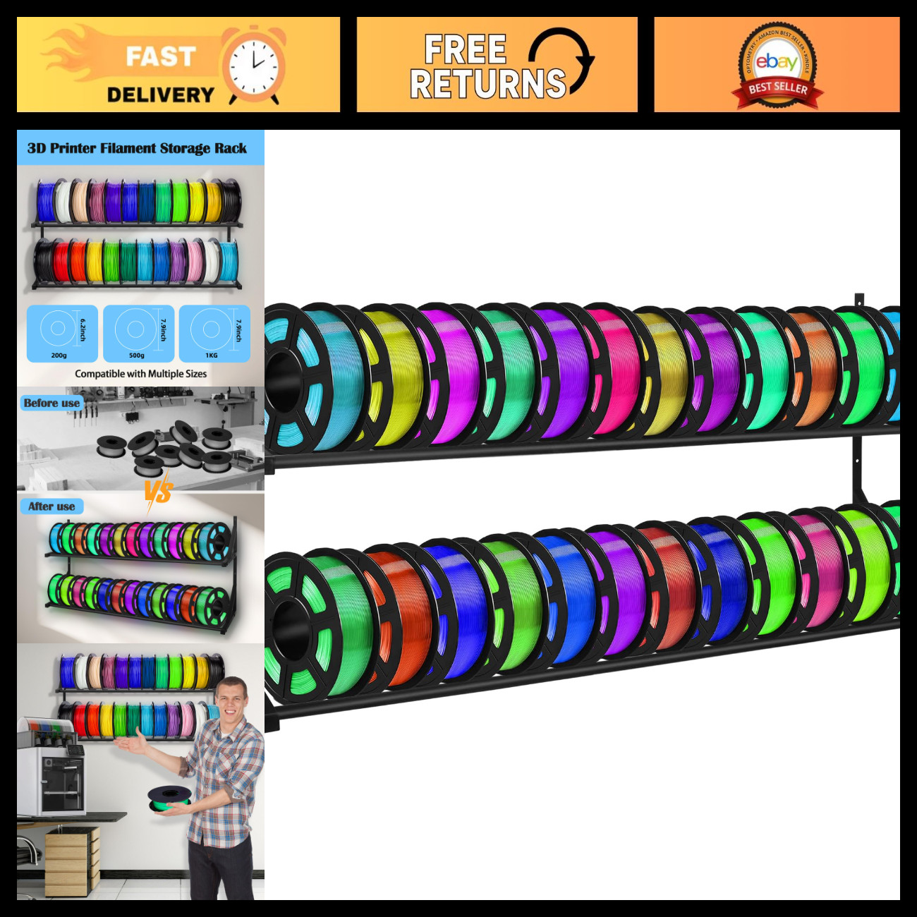 Heavy Duty 3D Printer Filament Storage Rack - Holds 24 Rolls, Wall Shelf for ABS