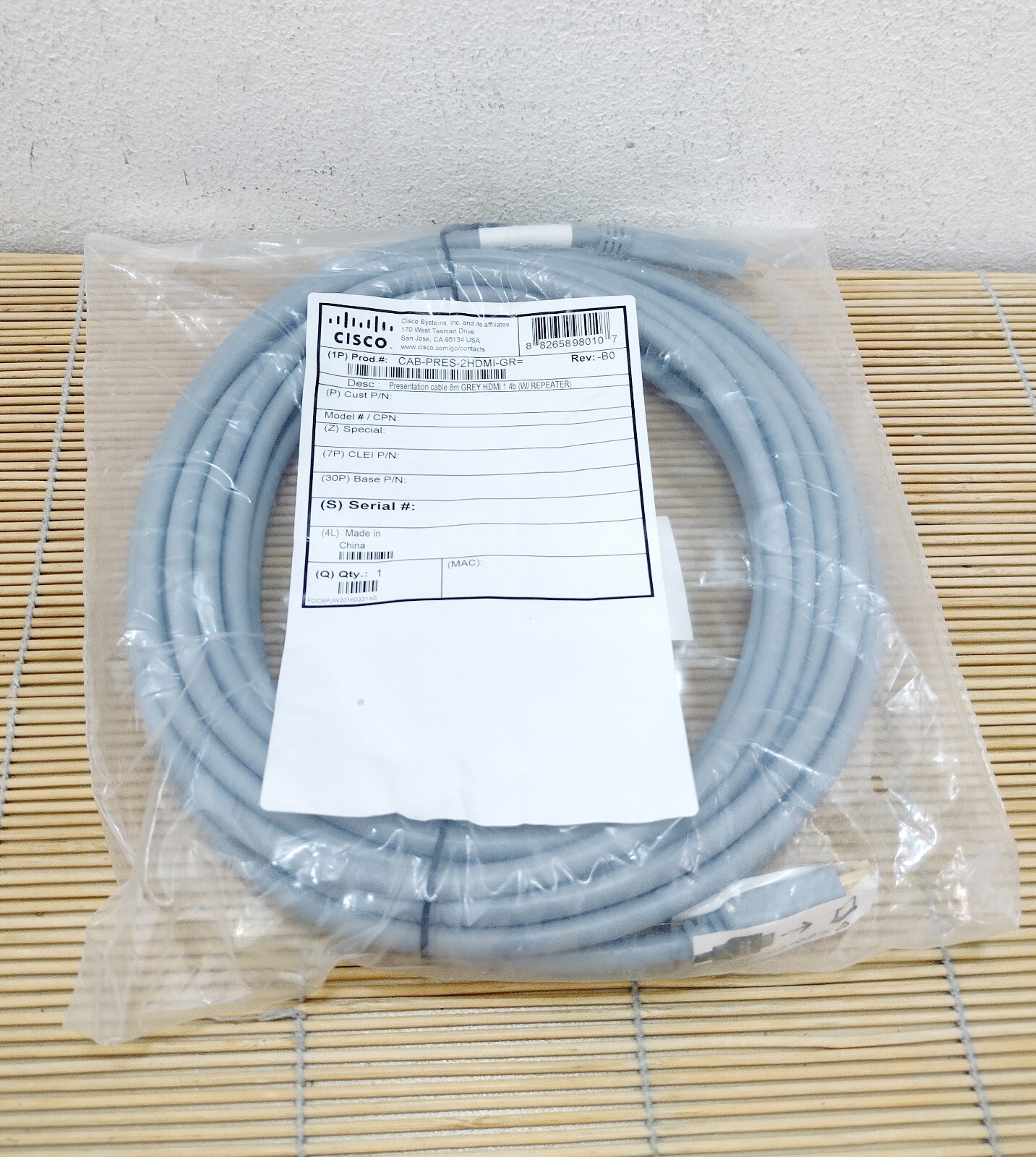 New Cisco CAB-PRES-2HDMI-GR Presentation cable 8m GREY HDMI 1.4b New Sealed Bag