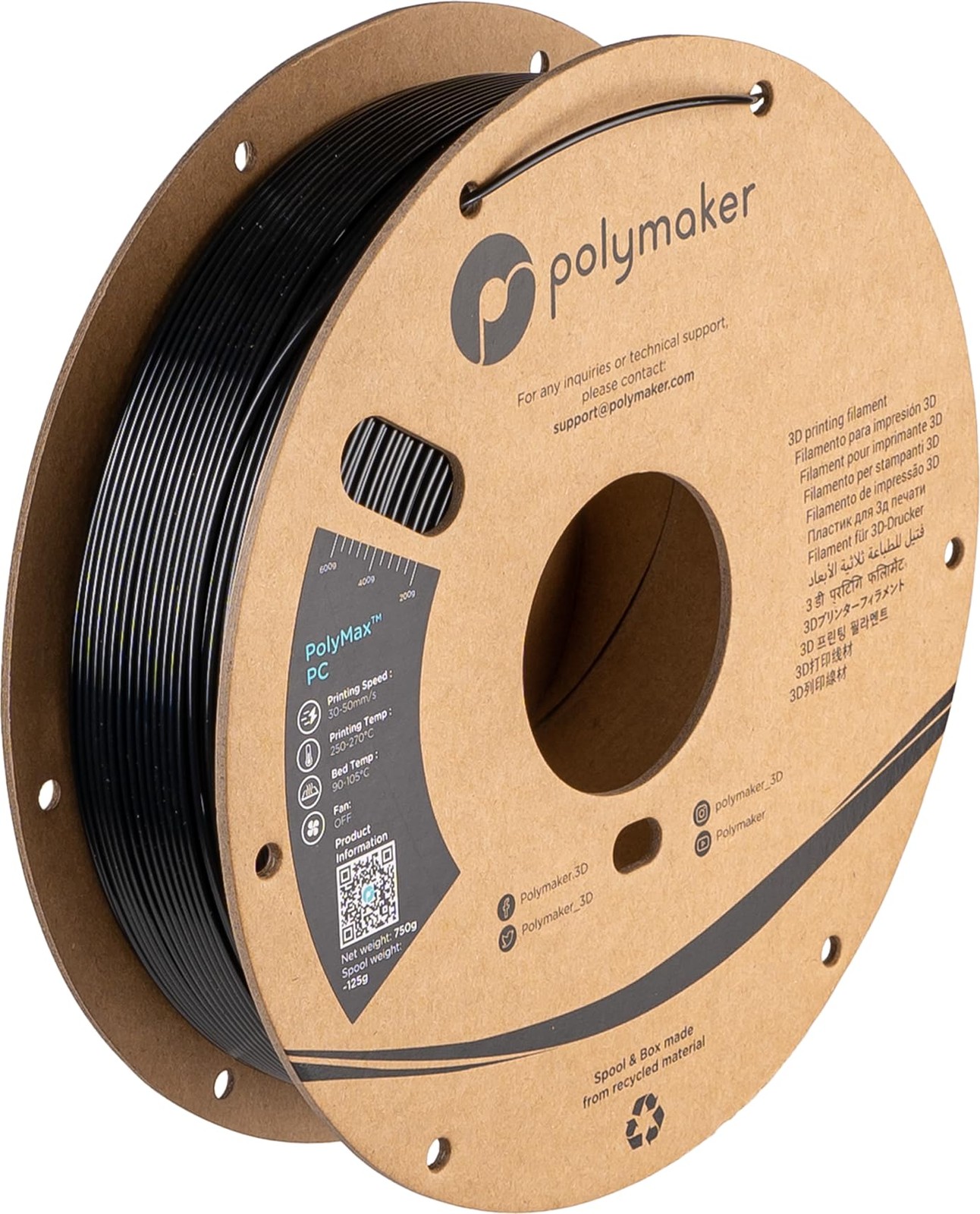 Polymax Tough PC 3D Printer Filament 1.75mm 0.75kg Black Maker DIY Material