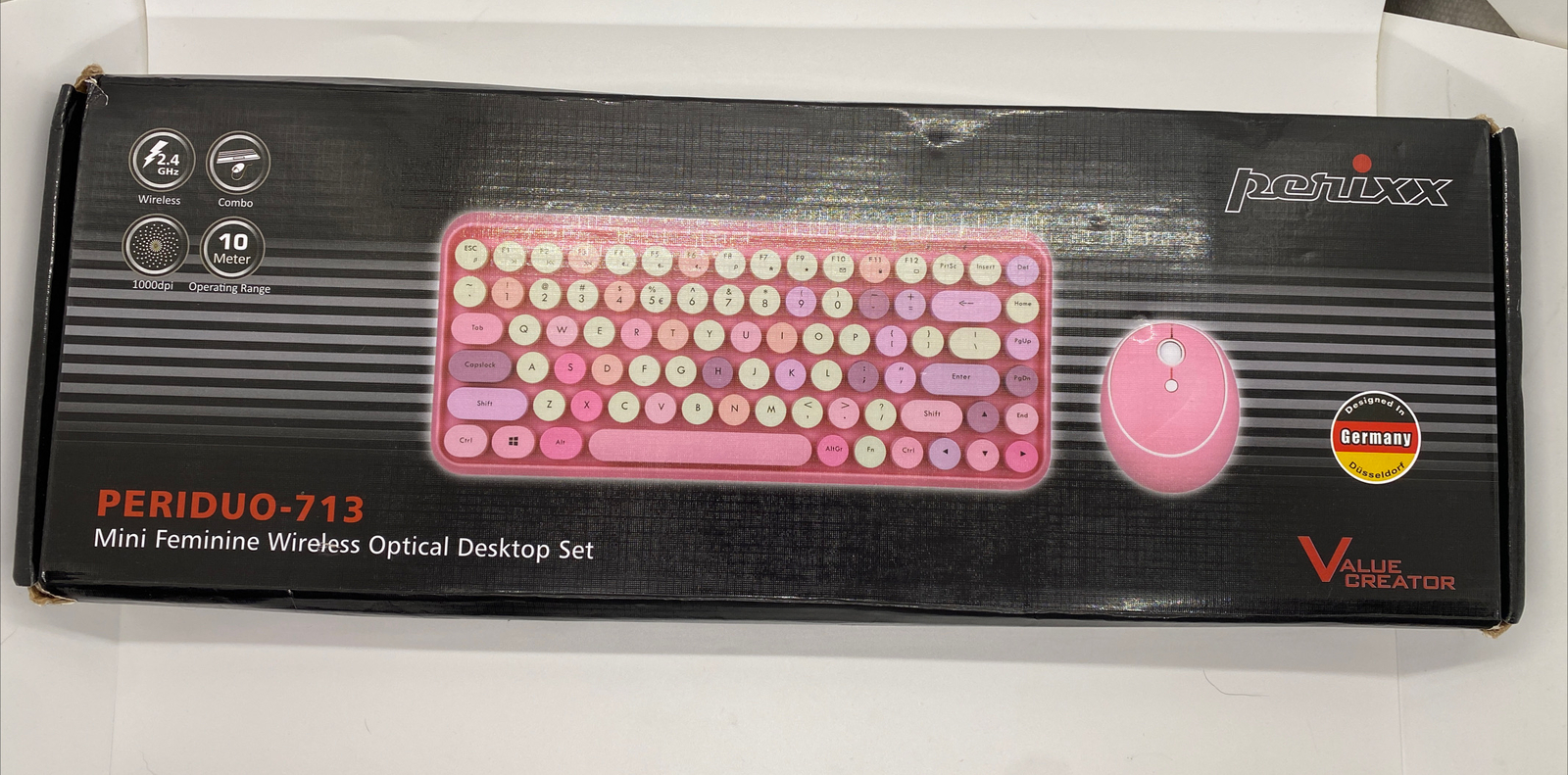 PERIDUO-713 Wireless Typewriter Mini Keyboard Mouse Set, Round keys, Pink (read)