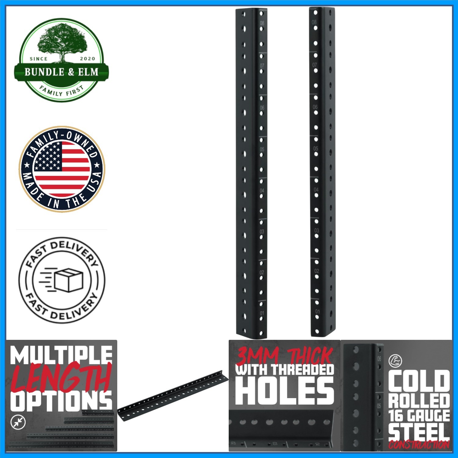 Essential 8U Rack Rail Set for Studio and IT Systems, Durable Steel Construction