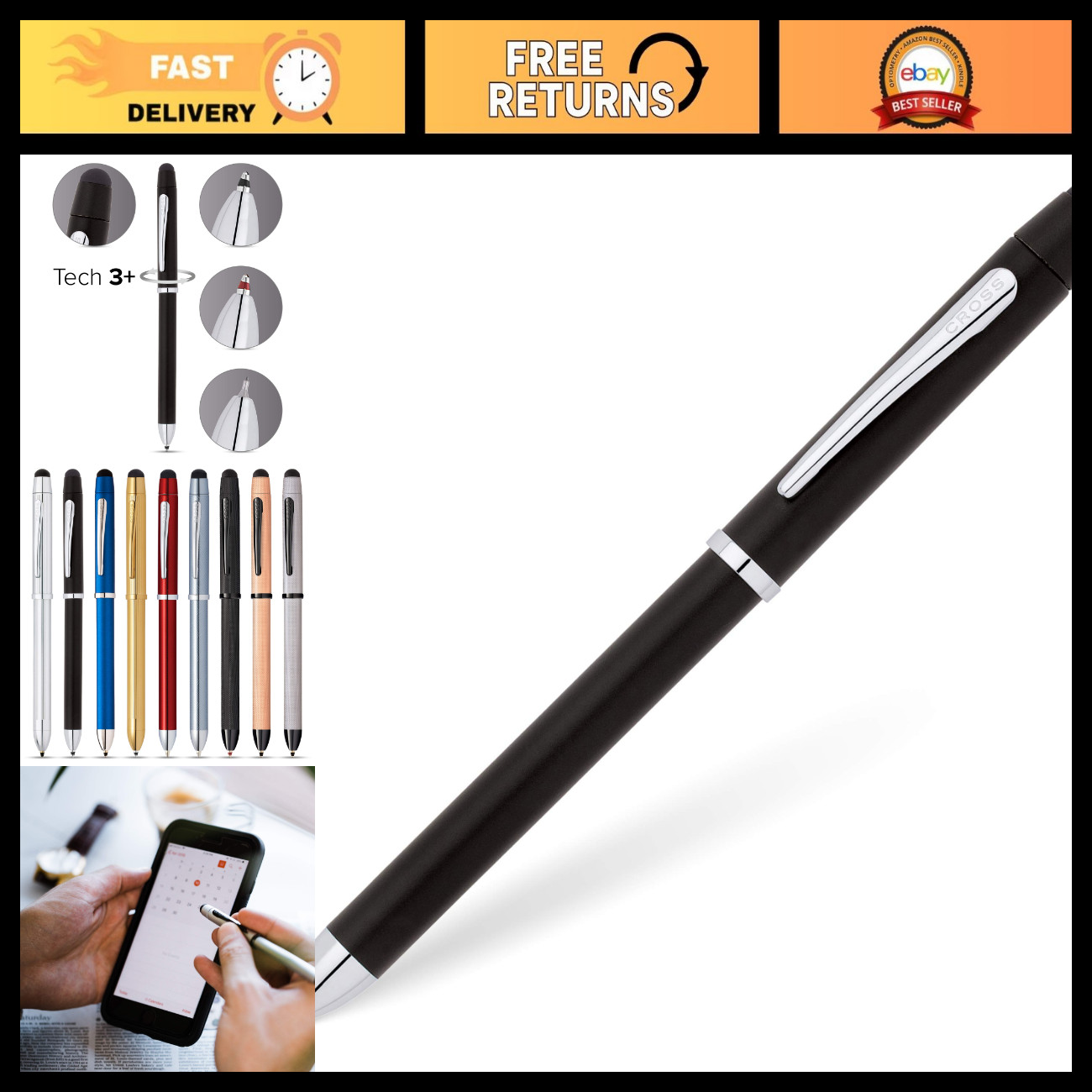 Stylus Pen 3-in-1 with Ballpoint, Touchscreen Compatibility - Satin Black/Chrome