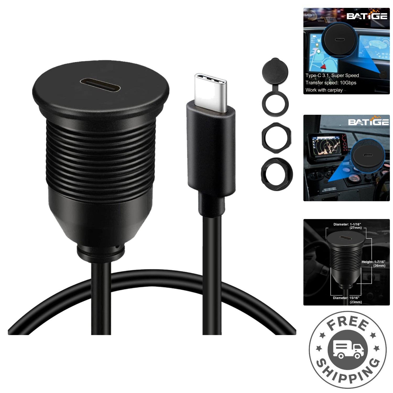 3ft USB C 3.1 Flush Mount Extension Cable for Seamless Vehicle Connectivity