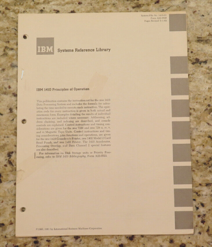 Vintage IBM 1410 Principals of Operation Systems Reference Library Revised 1963