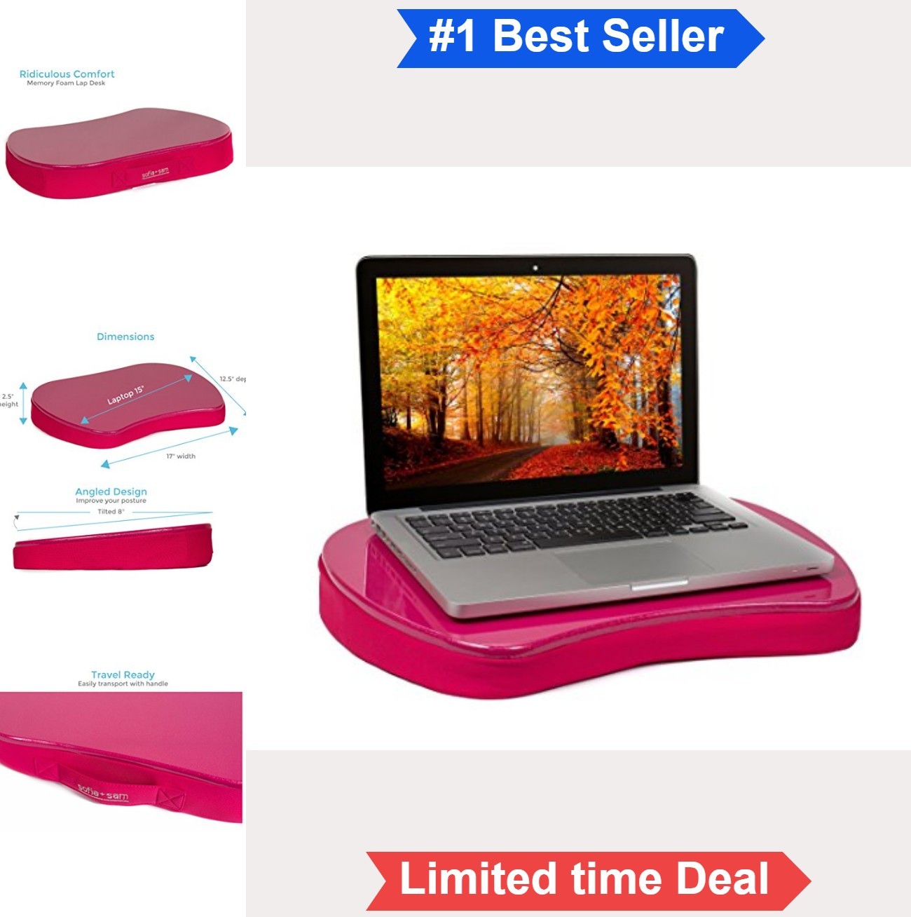 Mini Lap Desk 17x12.5 Inch Memory Foam Cushion Pink Portable for Bed Couch
