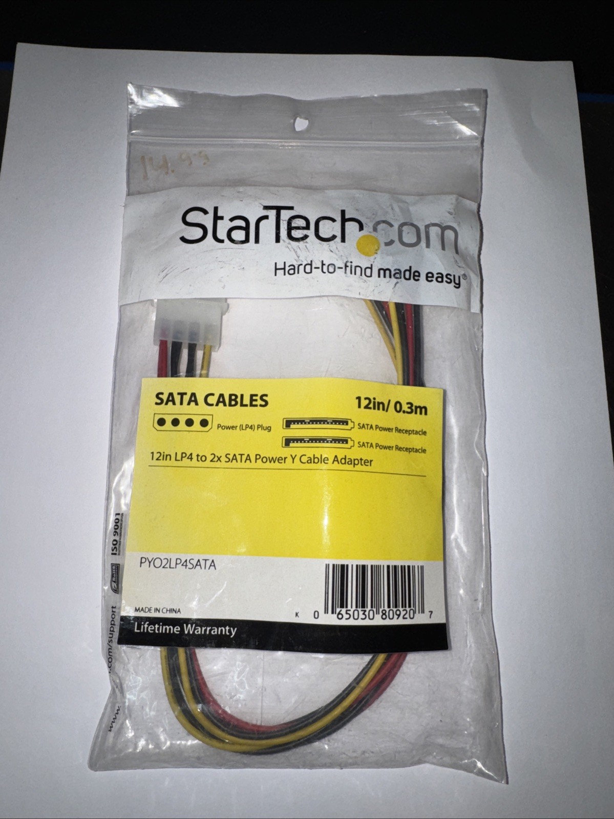 Startech IT PYO2LP4SATA 12in LP4 to 2 SATA Power Y Splitter Cable