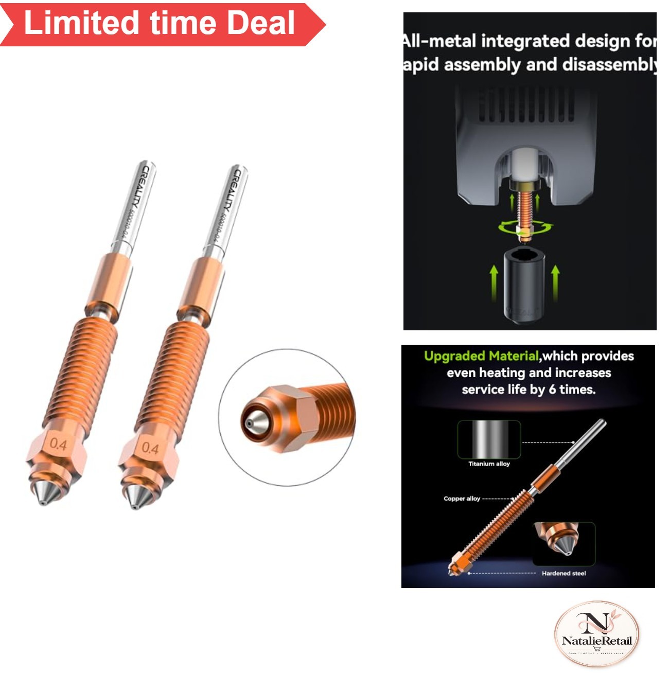 3D Printer Nozzle Kit 0.4mm 2PCS Titanium Alloy Copper Hardened Steel