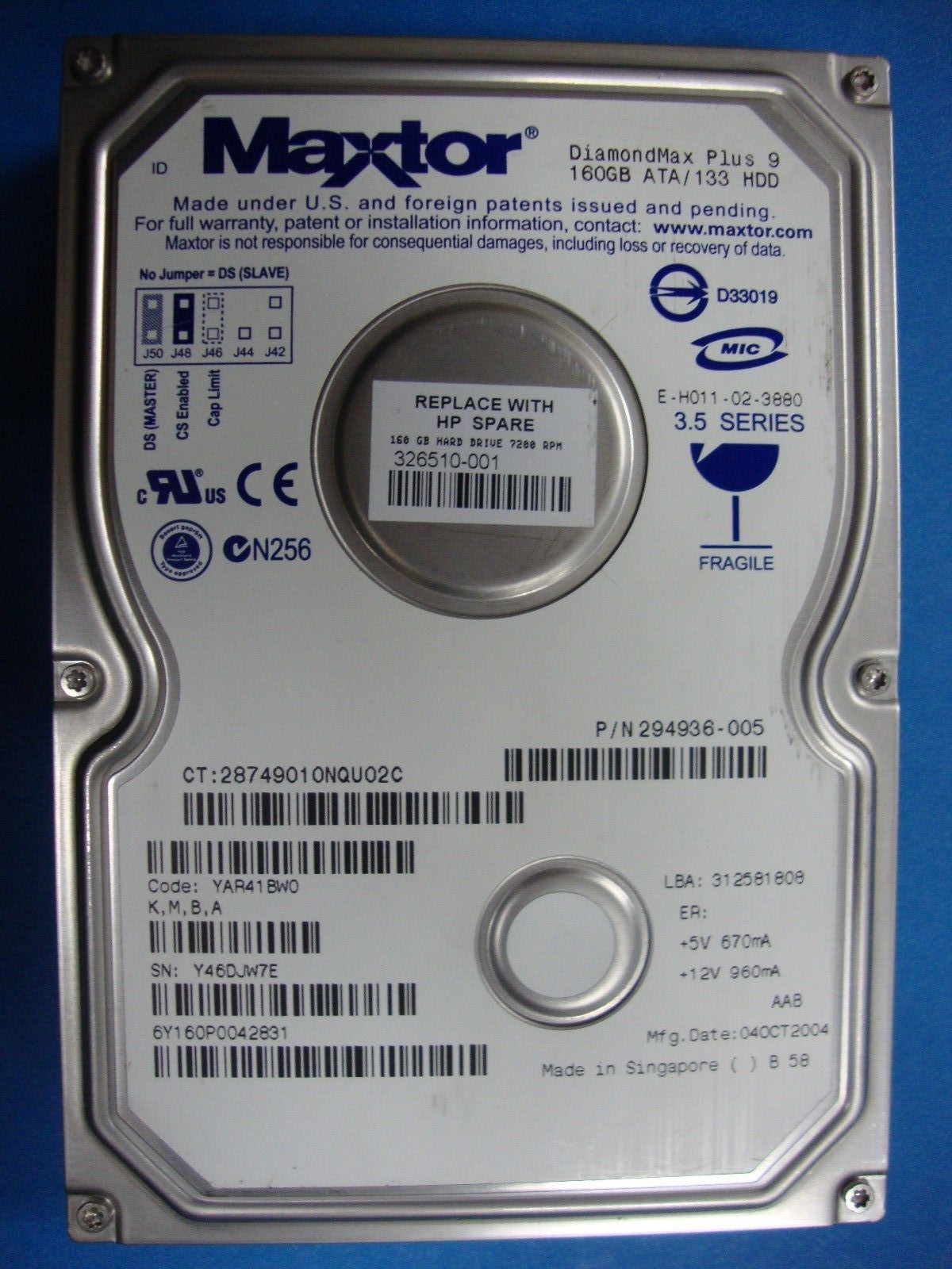 Maxtor IDE 160GB Hard Drive MDL: 6Y160P0 Code: YAR41BW0 K, M, B, A Tested
