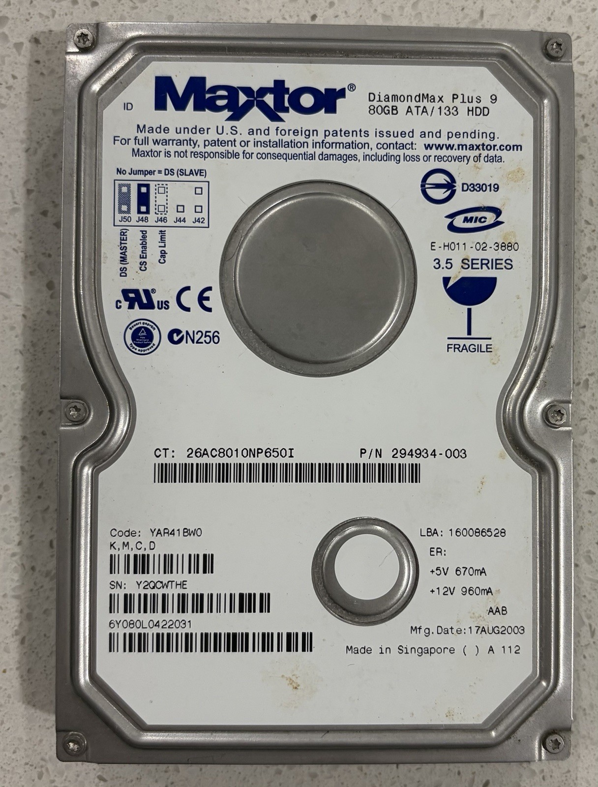Maxtor DiamondMax Plus 9 80GB ATA /133 IDE Hard Drive 6Y080L0, TESTED