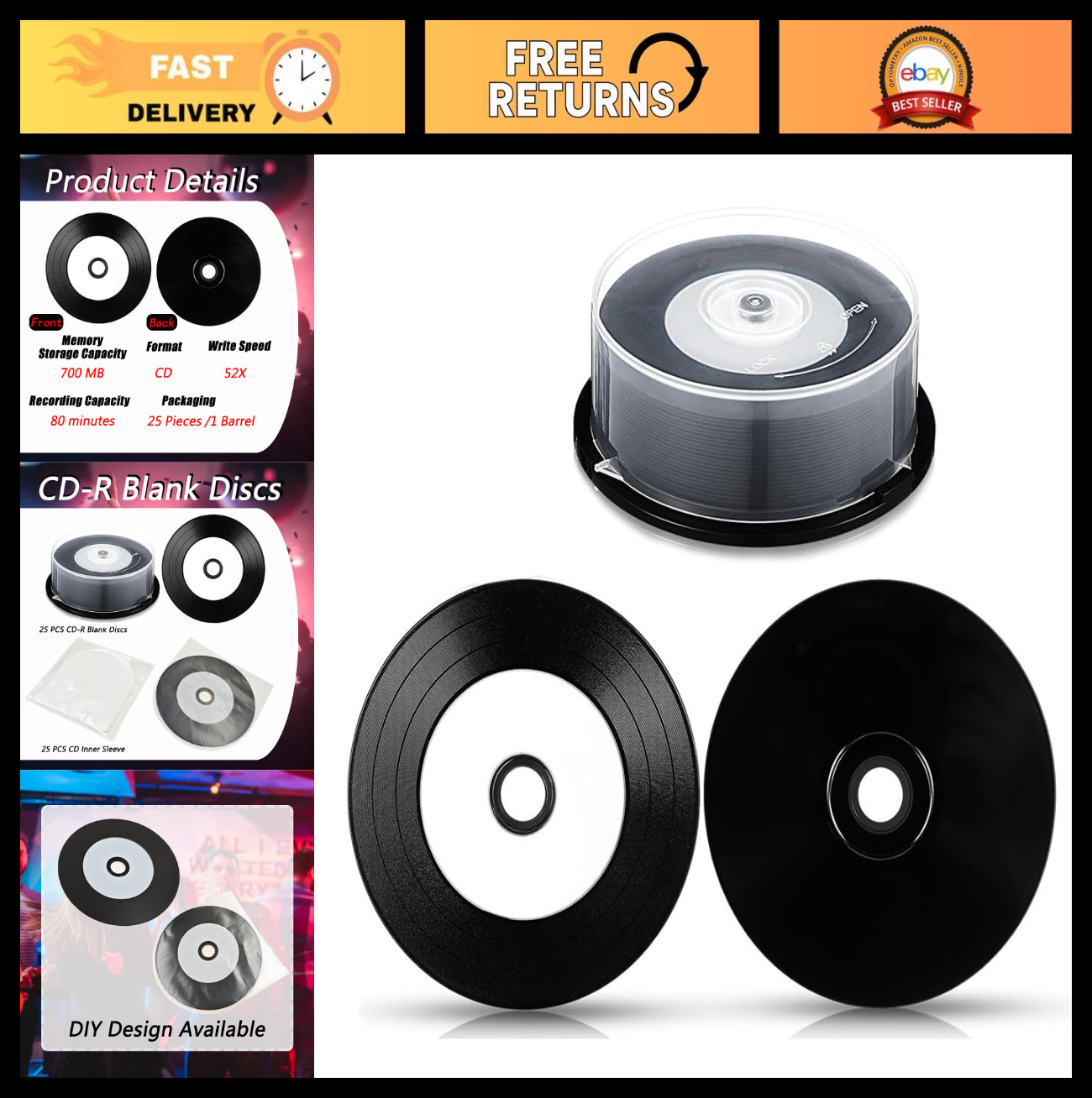25PCS 700MB CD-R Blank Discs 80min 52X Recordable Music/Data with Printable Cent