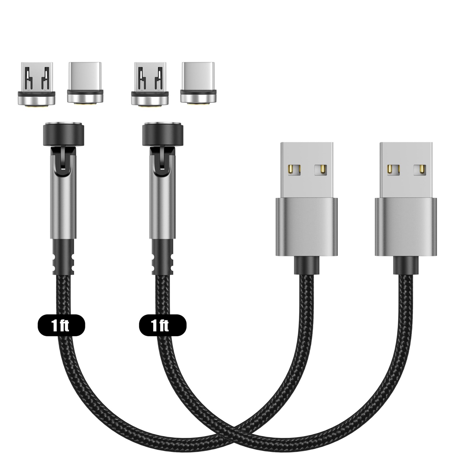N. NETDOT Gen12 Micro USB and USB-C Magnetic Charging Cable 1ft, Gray Black