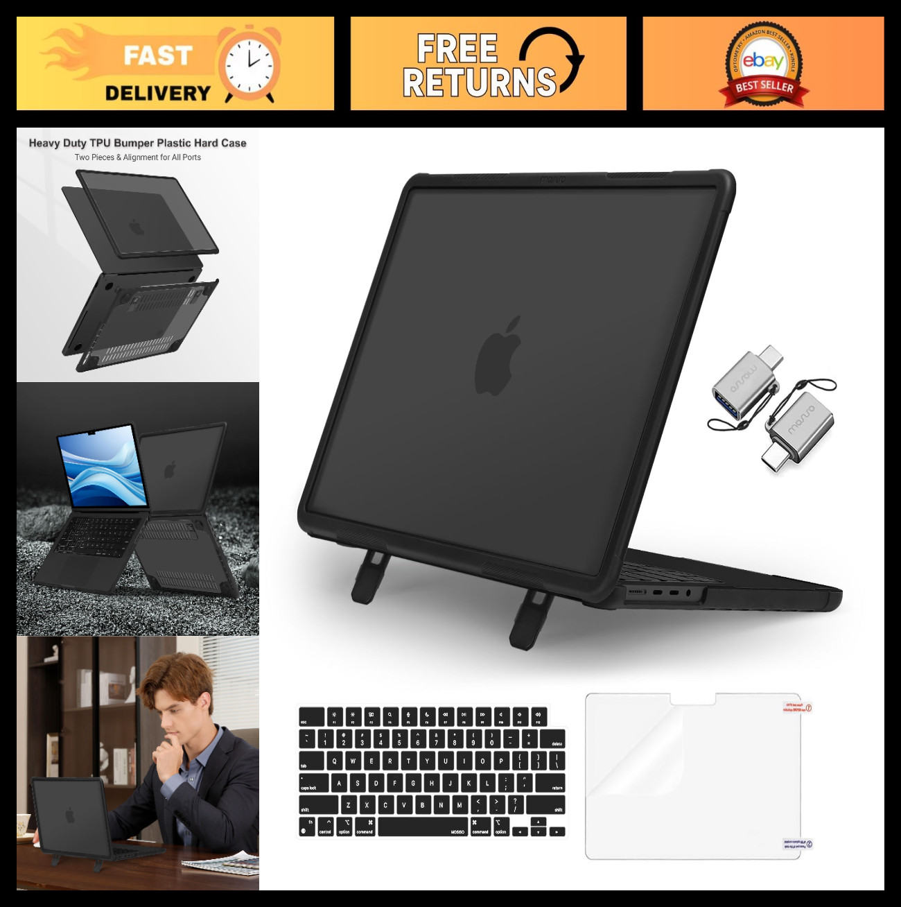 16-inch MacBook Pro Hard Shell Case with Kickstand, 4-in-1 Heavy Duty Kit, Black