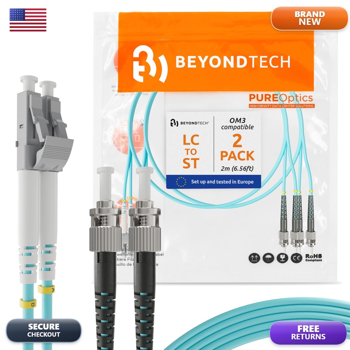 BEYONDTECH 2m (6.56ft) LC ST Fiber Patch Cable (2-Pack) UPC Multimode Duplex