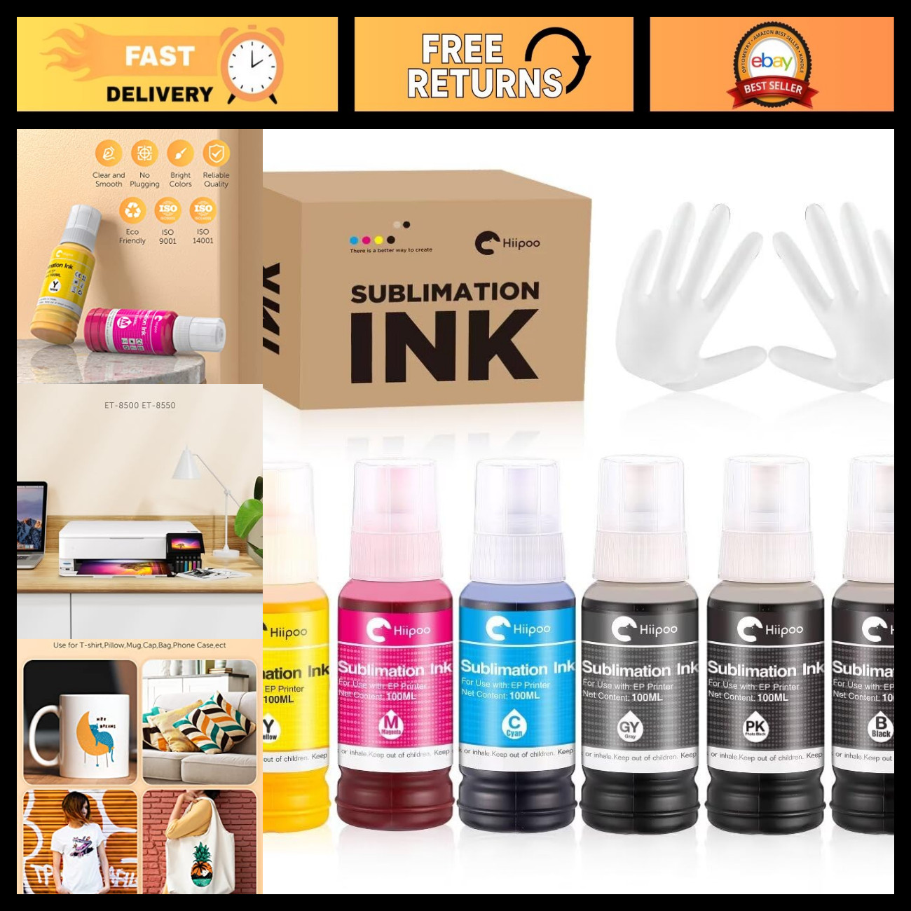 600ML Sublimation Ink for Wide-Format Printers, Heat Press Transfer, 6 Colors