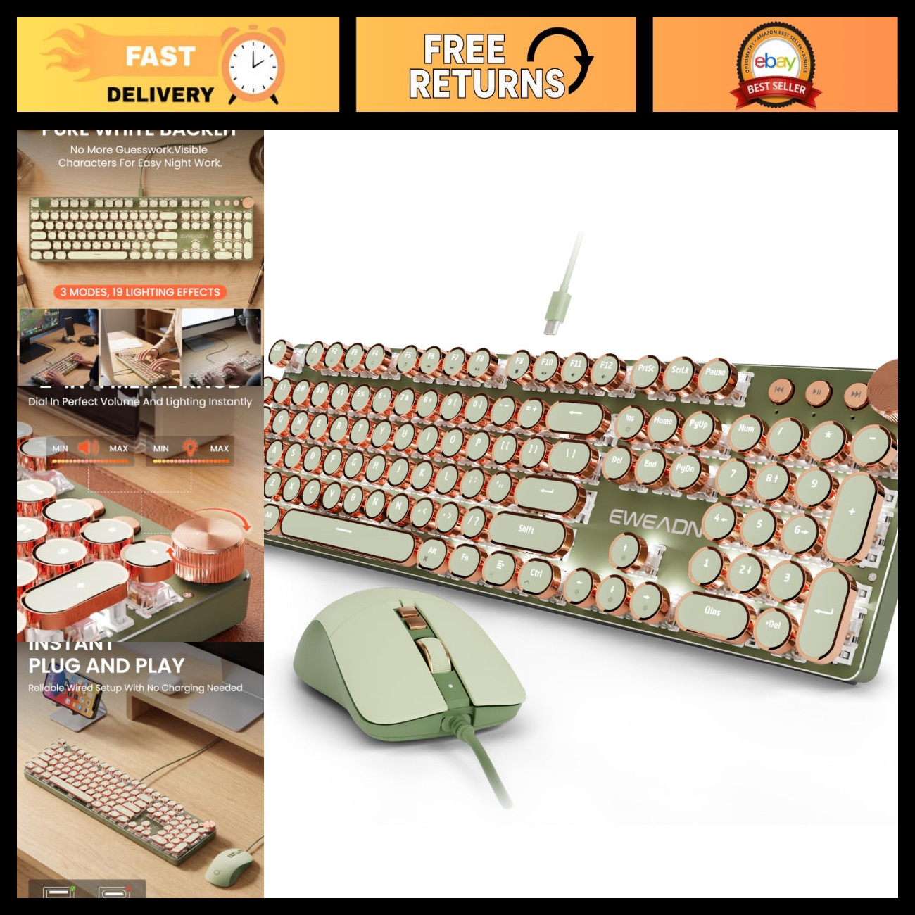 Wired Typewriter Keyboard & Mouse Combo, White Backlit, Soft Clack, Retro Green