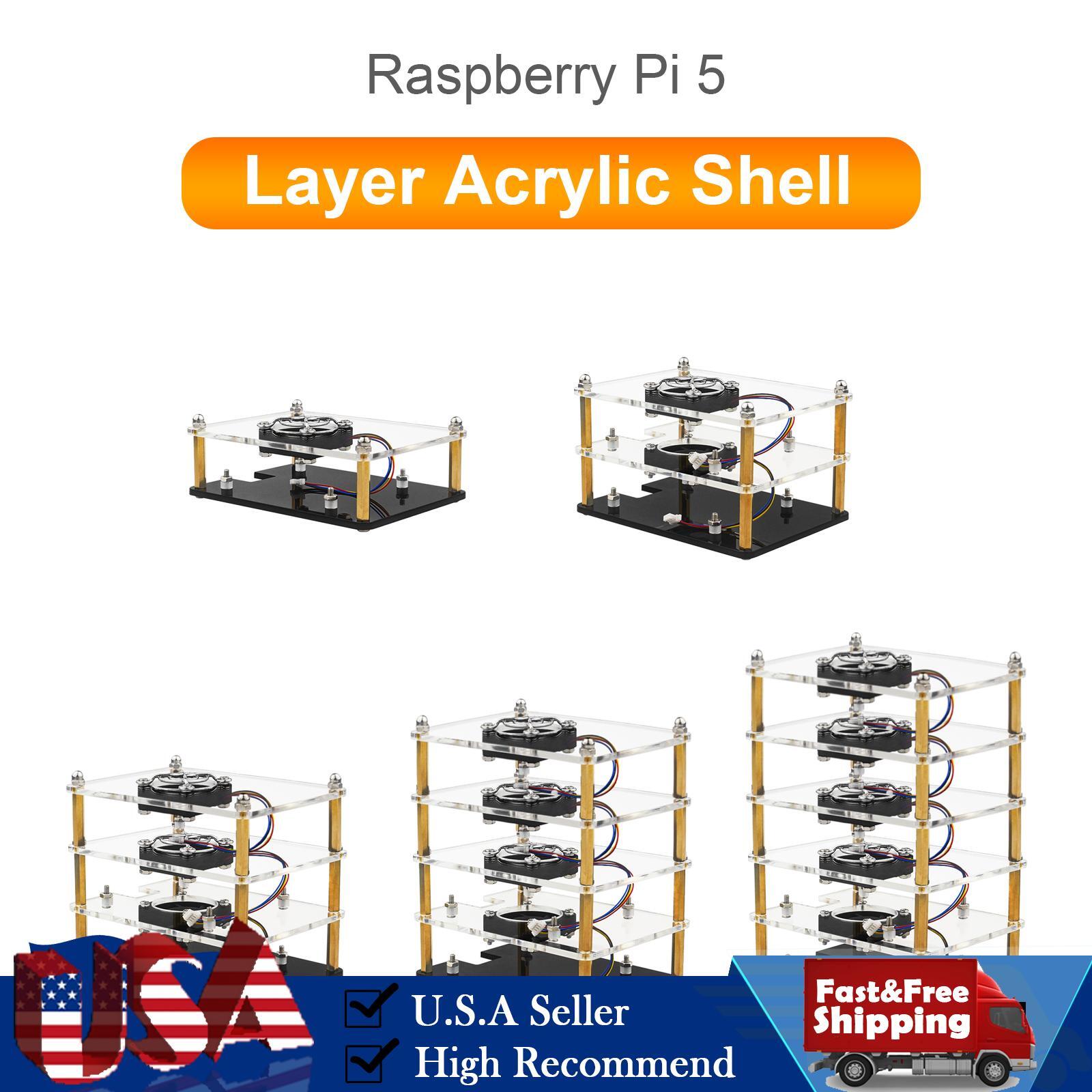 Multi-Layer Acrylic Shell Raspberry pi5 Transparent Protective Case Cooling Fan