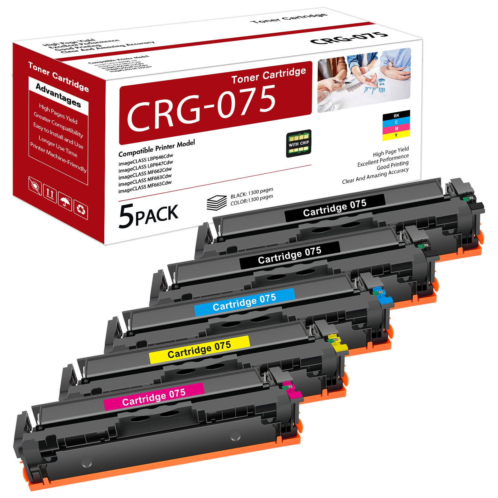  5 Pack 075 Toner Cartridge Set for Canon ImageCLASS LBP646Cdw MF665CDW MF662CDW