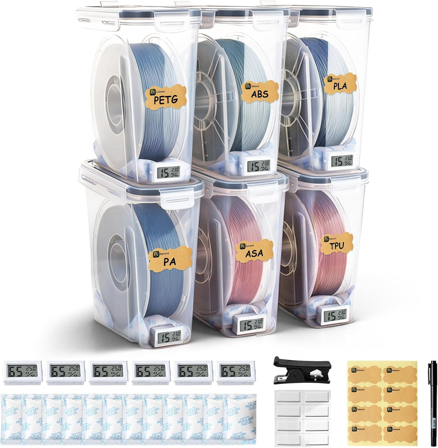 Filament Storage Box - 6 Pack 4L 3D Printer Filament Containers with 6 Hygromete