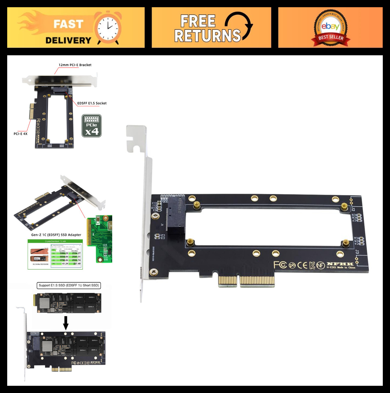 PCIe 4.0 NVMe Ruler 1U EDSFF SSD Carrier Adapter - 5.9mm & 8.0mm Thickness