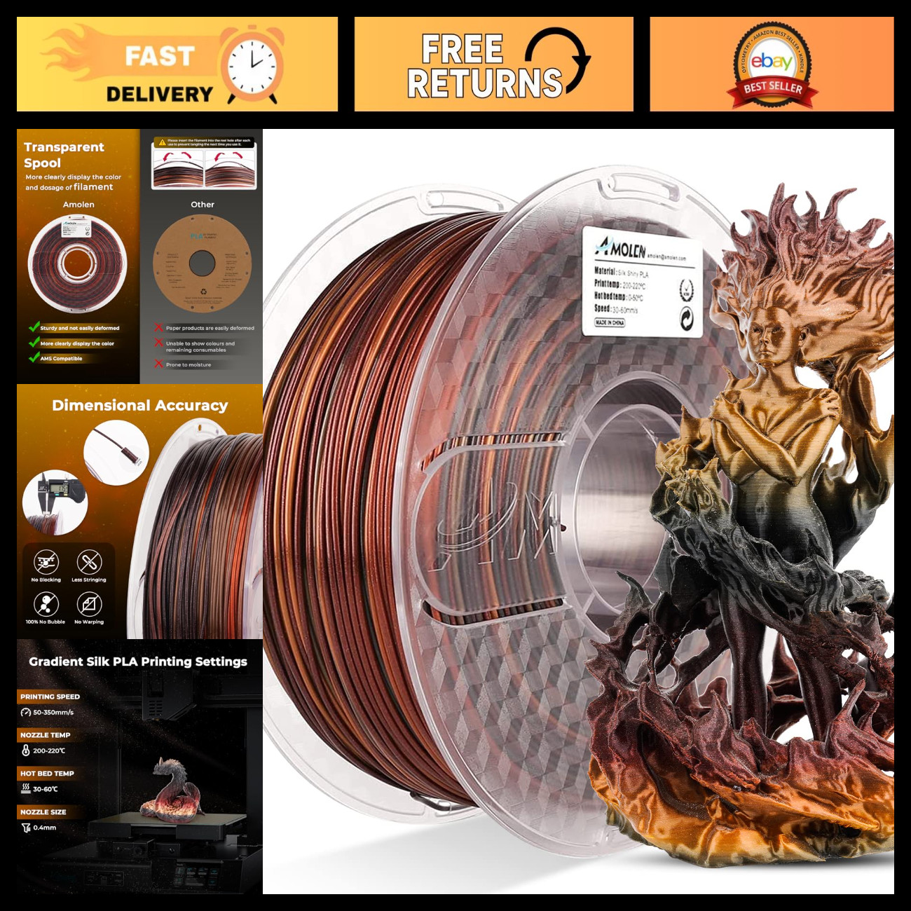 Silk Gradient Rainbow 3D Printer Filament - Black Red Gold, 1KG, High Quality
