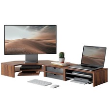 Fenge Dual Monitor Stand, Corner Desk Shelf with Drawer & Slide-Out Tray picture
