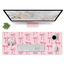 Pink Desk Mat & Mouse Pad - Cute Bows Design for Girls' Office Decor 31.5x11.8 picture