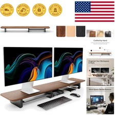 Elegant Walnut Dual Monitor Riser with Integrated Metal Shelf - Ergonomic Design picture