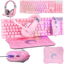 Pink Gaming Accessories Bundle Light Up Keyboard Mouse Headset Mouse Mat Gift picture