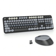 Wireless Keyboard and Mouse Set Retro Typewriter Round Keycaps for PC Laptop BLK picture