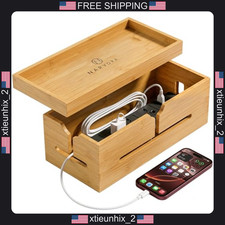 Bamboo Cable Management Box Large 13.4 Inch Wooden Cord Organizer for Desk TV picture
