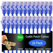 24 PCS Cat6a Slim Ethernet Patch Cable 5 ft 10G Blue Network Internet LAN picture