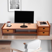 Sturdy Bamboo Wood Monitor Stand Riser w/ Drawer - Desk Storage Organizer picture
